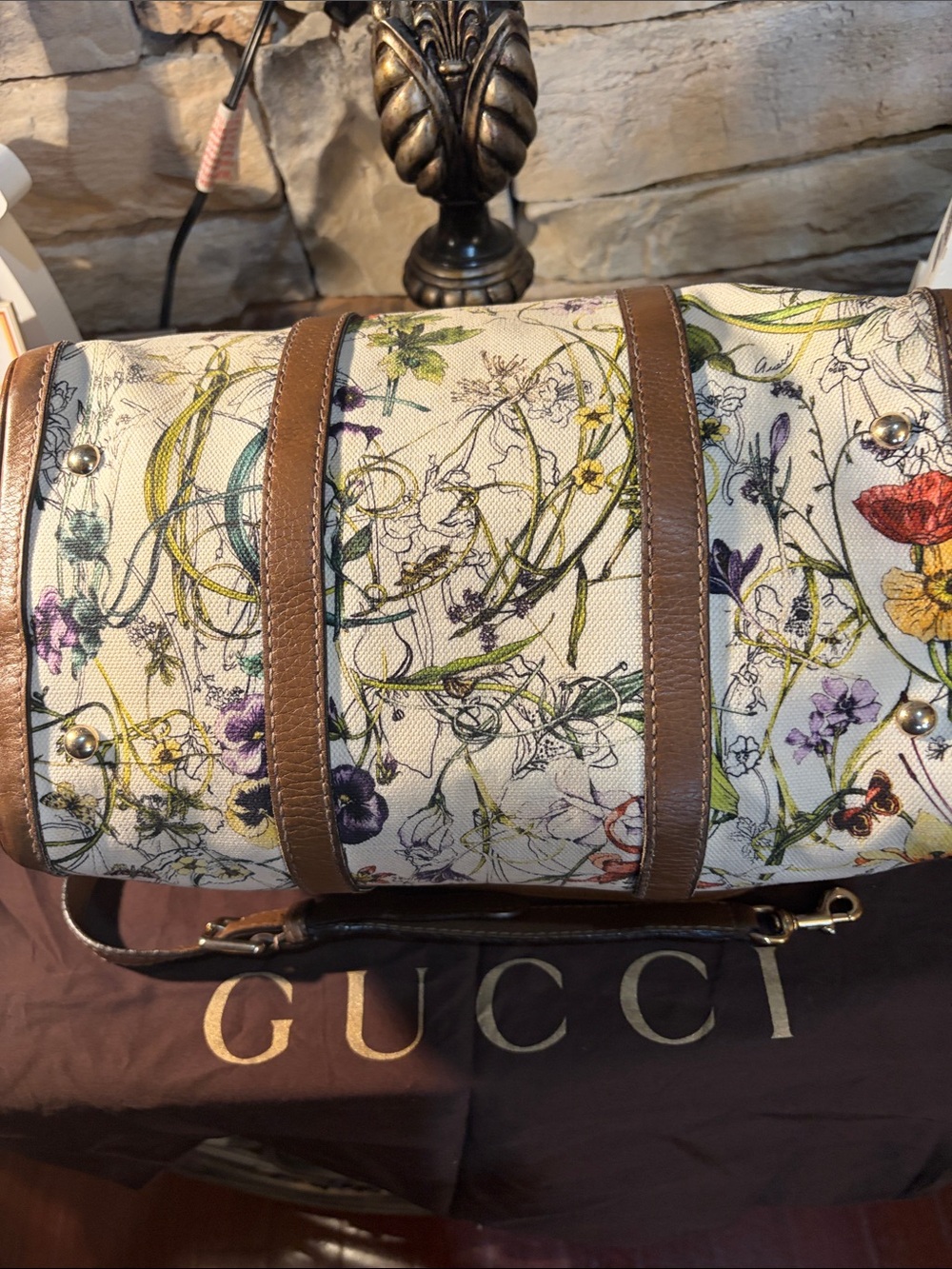Gucci Floral Flower Leather-Trim Canvas Boston Bag - Picture 9 of 16